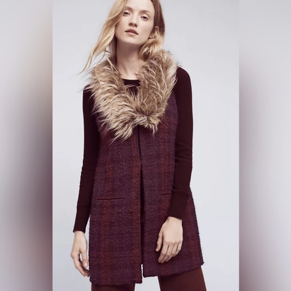 Anthropologie Sanctuary Fur Trim Wool Tweed Red Plaid Vest Coat - Picture 1 of 6